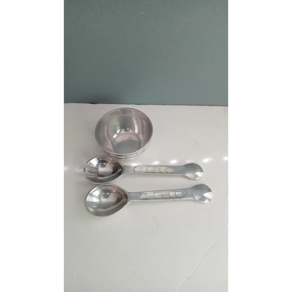 Towel Mother‎ of Pearl Inlay Serving Set Bowl Tray Spoon Vintage